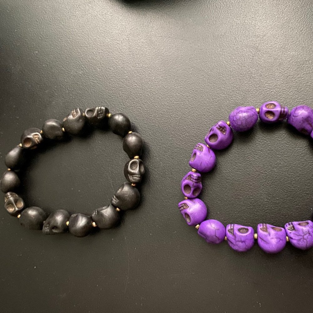 Bundle (2) Artsy Stone Goth Punk Sculls Black/Purple Bracelet  8-9"